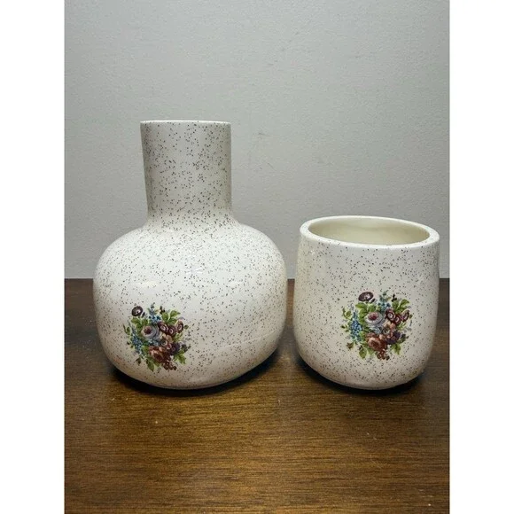 Vintage Bedside Tumble Up Water Decanter Floral Cream With Brown Speckled - Picture 2 of 7